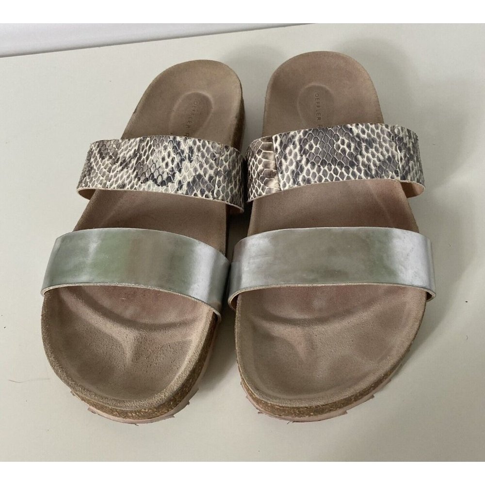 Loeffler Randall Size 8 Paz 2 Strap Sandals Silver White Snakeskin Cork Slip On